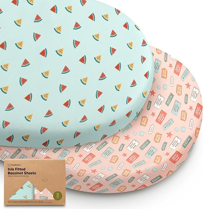 2-Pack Baby Bassinet Sheets Girl, Boy - 33x17 Viscose Derived from Bamboo Bedside Mattress Fitted Bassinet Sheets, Compatible with Halo Bassinest Swivel Sleeper, Baby Delight, Graco (Beach Day)