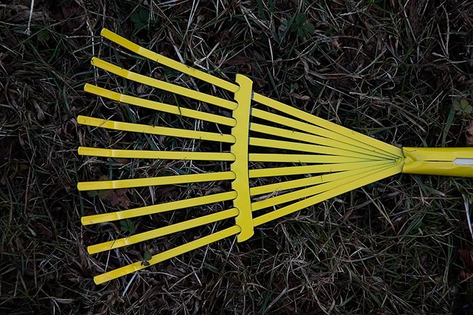 JustForKids Kids Garden Tool Set Toy, Rake, Spade, Hoe and Leaf Rake, reduced size , made of sturdy steel heads and real wood handle, 4-Piece, Multicolored, 5yr+