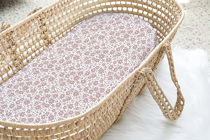 Baby Bassinet Sheets Girl (Antique Rose) 2-Pack - Fitted Bedside Bassinet Sheets - Buttery Soft Cotton Blend for Standard Mattress Pad - Compatible with Halo BassiNest