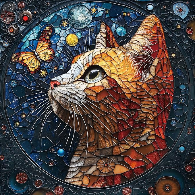 1000 Piece Jigsaw Puzzle for Adults - Stained Glass Style Cat Puzzle with Vibrant Colors and Celestial Design, Perfect for Game Nights and Gift-Giving, Finished Size is 24 x 24 in