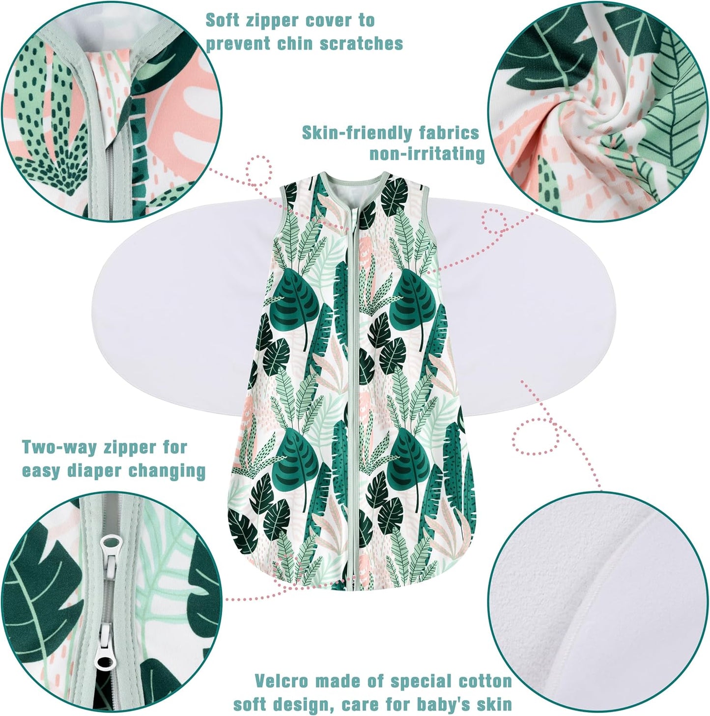 Newborn Sleep Sack Baby Swaddle,6-12 Months,3-Way Adjustable Wearable Blanket,100% Rayon Cotton Swaddling Sleeping Bag，TOG 0.5（Banana&Leaf）