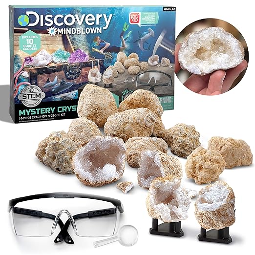 Discovery™ Crack-Open Geode Kit – Mystery Crystal STEM Science Set | 10 Natural Quartz Geodes | Kids Goggles, Magnifying Glass & Display Stands | Rock Dig Activity Toy| Educational Experiment Gift