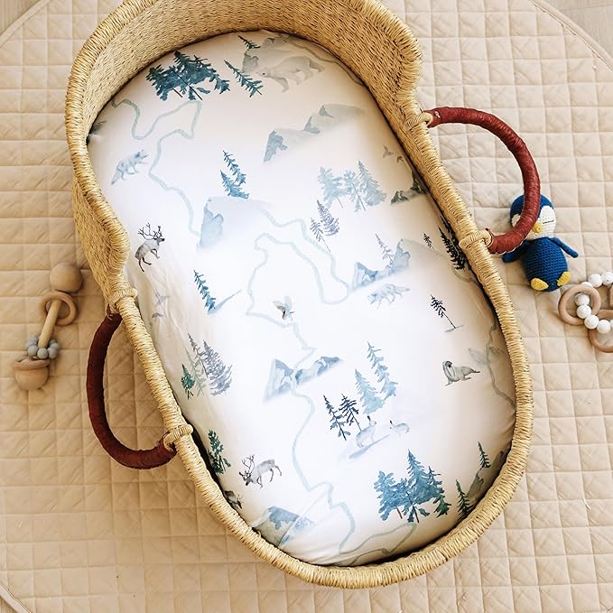 Baby Bassinet Sheets for Boy, Girl (Arctic Journey) 2-Pack - Fitted Bedside Bassinet Sheets - Buttery Soft Cotton Blend for Standard Mattress Pad - Compatible with Halo BassiNest