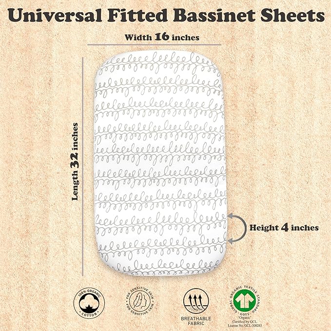 3-Pack Organic Fitted Bassinet Sheets, Compatible with Halo, Snoo, Graco, Dream On Me, Delta, and Other Standard Size Bassinets - Fits Oval, Hourglass, & Rectangle Shapes (Size 32 x 16 x 4 Inches)