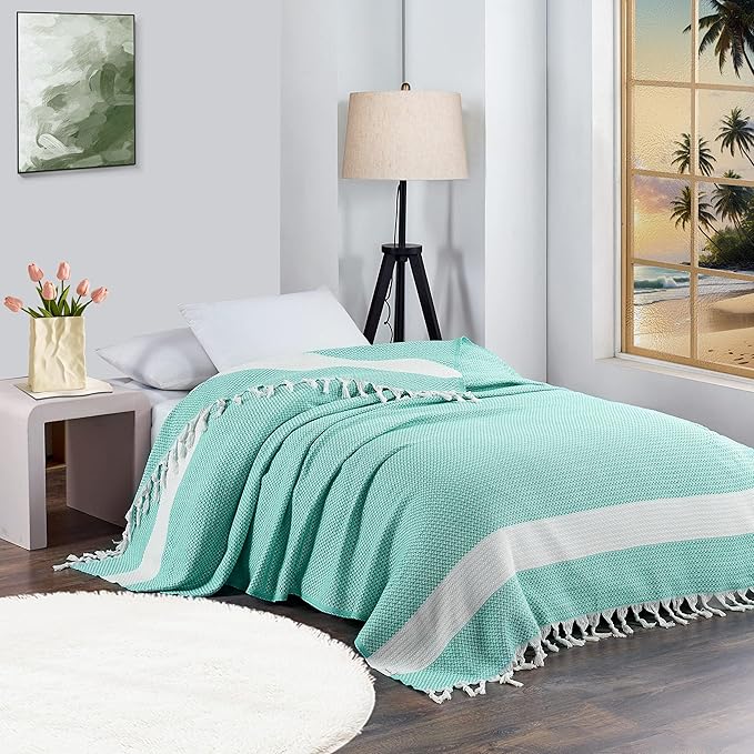 Breathable Bedspread Woven Blanket Extra Large Lightweight Soft Cooling for Hot Sleeper Throw Tween Queen Full Size Quilt Thin Comforter Summer Ice Cold Sheet Boho Bed Decor Bedroom Decorative Green