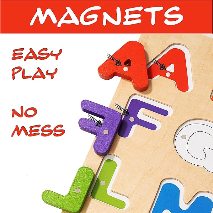 Magnetic Wooden Educational ABC Puzzle - Learn Alphabet & Color Recognition Toy – Toddler Preschool Game – Kids Montessori Education…