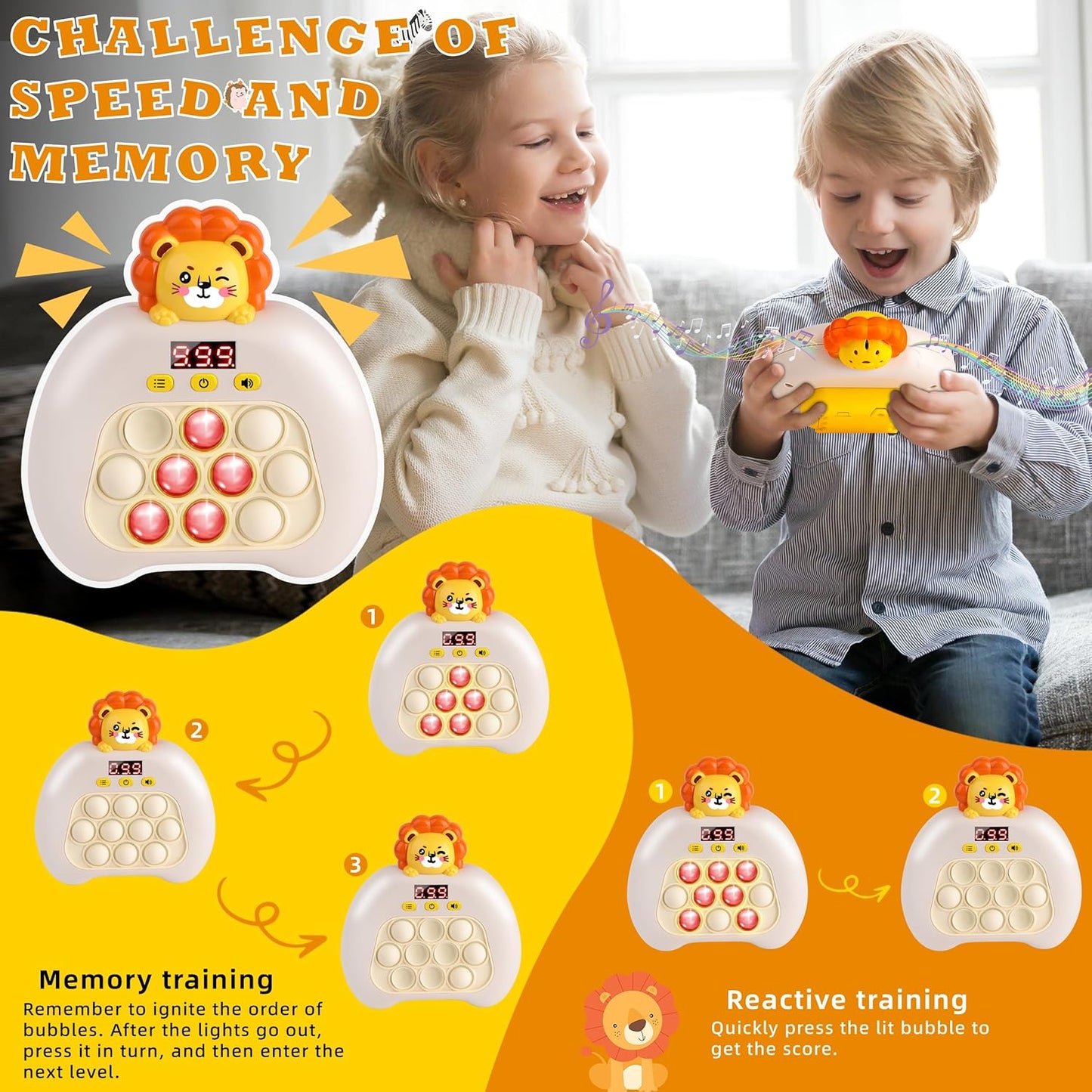 Upgraded Quick Push Game Pop Bubble Up Toys for Kids, Funny Toys with LED Screen for Kids 3-12 for Boys and Girls Bubble Stress,Handheld Puzzle Game Sensory Toys(Batteries Included)(Lion)