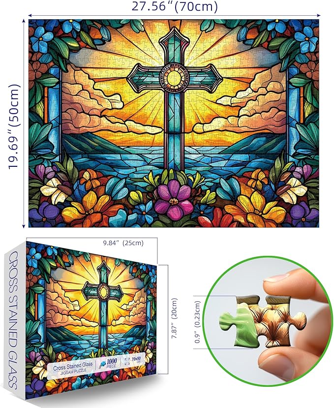 1000 Piece Stained Glass Cross Jigsaw Puzzle for Adults | Challenging & Colorful Cross Flower Pattern | Perfect for Game Nights & Gifts