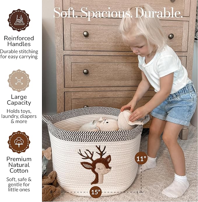 Deer Storage Basket for Nursery – Large 15”x11” Cotton Rope Bin with Soft Felt Animal Patch – Toy Organizer, Baby Laundry Hamper, Diaper & Towel Holder – Foldable, Washable & Baby-Safe