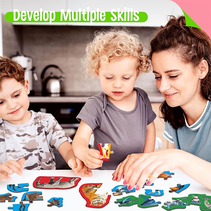 12 Pack Animal Puzzles, 48 Pieces Step-by-Step Farm/Marine/Safari Animal Jigsaws, Realistic Animal Jigsaw Puzzles with Name Guide Early Learning for Beginner Preschool Toddlers 3+ Years Old