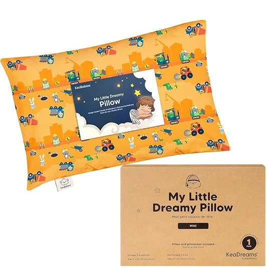 Mini Toddler Pillow with Pillowcase - 9x13 My Little Dreamy Travel Kids Pillow for Sleeping, Toddler Bed, Small, Tiny, Organic Cotton Pillowcase, Soft & Breathable,Kids 2-4 Years Old (Little Builders)
