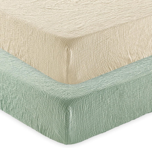 david's kids Muslin Crib Sheets for Boys Girls, 2 Pack 100% Cotton Soft Breathable Fitted Baby Sheet Set, 28x52 Inch Fits Standard Crib and Toddler Mattresses, Oat Milk & Sage Green