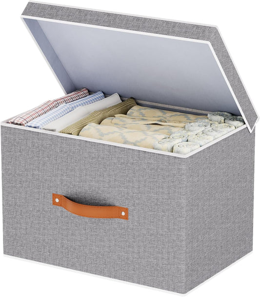 Collapsible Storage Bins with Lids, Linen Foldable Cloth Baskets, 17.7 x 11.8 x 11.8 Inch Closet Organizer Containers with Double Handles, Sweater Boxes for Bedroom, Grey, 1 Pack