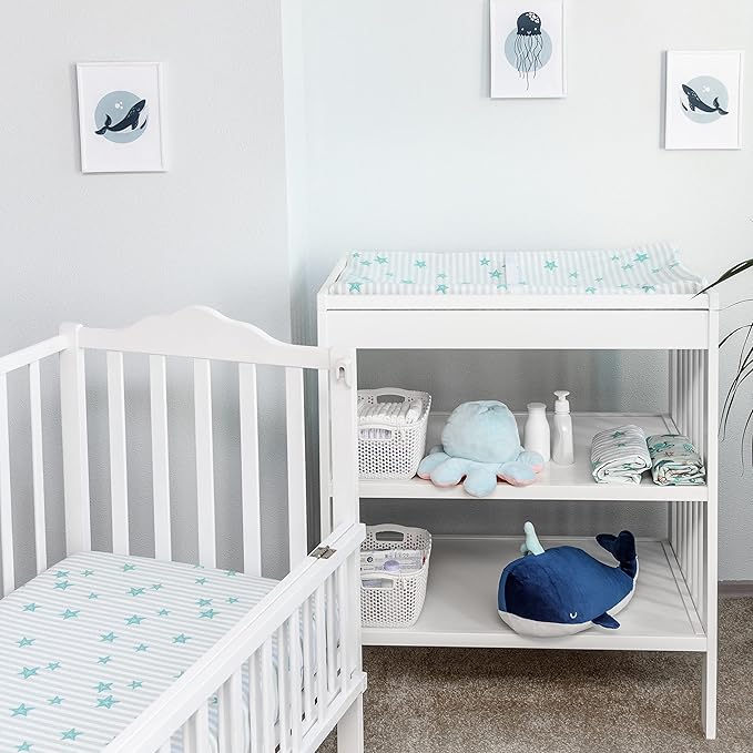 100% Cotton Changing Pad Cover for Baby Boys and Girls, Nautical - Breathable Bassinet, Mini Crib Mattress Fitted Sheets - Ocean Stars, 32"x16" with 8" Deep Pocket, Teal-White, 2 Pack