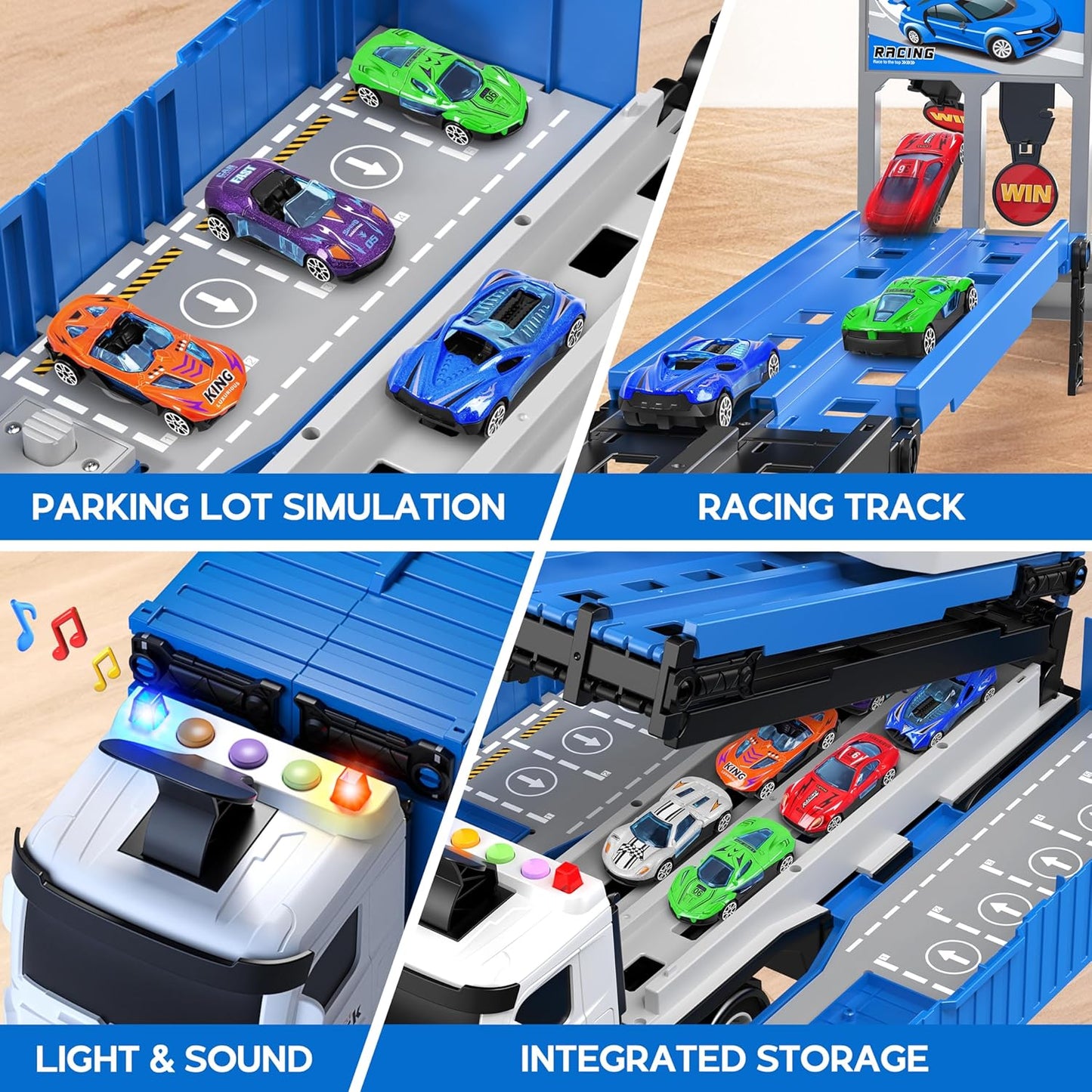 Carrier Truck Race Track Toddlers Toys, Foldable 3 Layer Track Playset, Toy Truck Transport Car Carrier & 8 Race Cars, Truck Car Kids Toys Xmas Gifts for Age 3 4 5 6+ Years Old Boys Girls