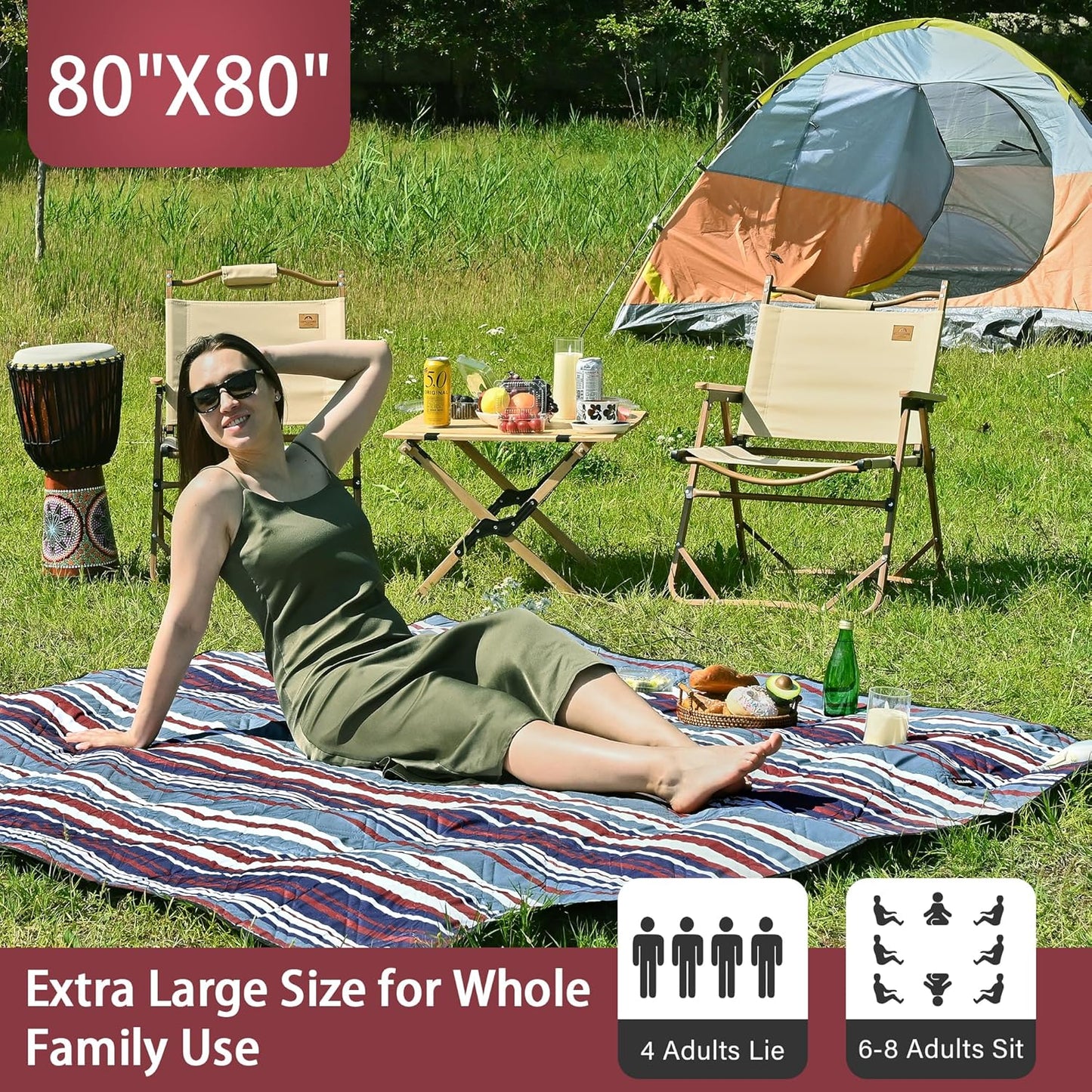 HX&OD Outdoor Picnic Blanket Extra Large, 80''*80'' Waterproof Picnic Mat with Stakes Foldable Camping Blanket Portable with Carry Strap for Beach Mat (Red, 80''*80'')