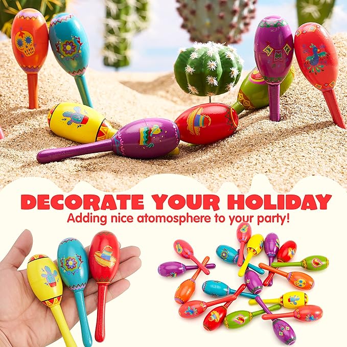 JOYIN 24 Pcs Cinco De Mayo Mini Wooden Maracas Musical Fun Party Favors for Birthday Party Favors, Mexican Fiesta Decorations, Luau Photo Props, Carnivals Event, Taco Tuesday