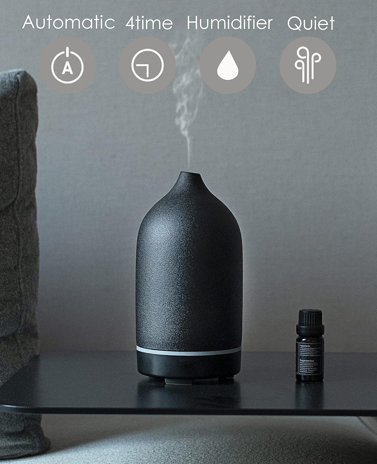 Essential Oil Diffuser,Handcrafted Ceramic Diffuser for Home,Ultrasonic Cool Mist Air Diffuser, 9 Colors Night Light with Timer (Black)