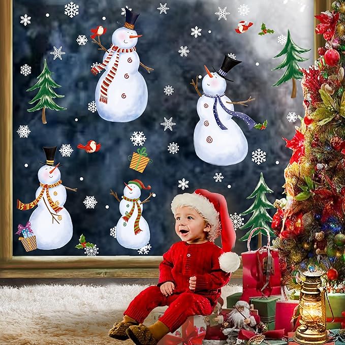 Snowman Window Clings, Christmas Windows Stickers, Snowflake Double-Side Window Clings for Glass, Xmas Windo Decals Christmas Decorations Indoor Holiday for Party