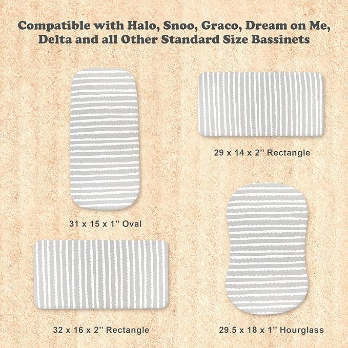 3-Pack Organic Fitted Bassinet Sheets, Compatible with Halo, Snoo, Graco, Dream On Me, Delta, and Other Standard Size Bassinets - Fits Oval, Hourglass, & Rectangle Shapes (Size 32 x 16 x 4 Inches)