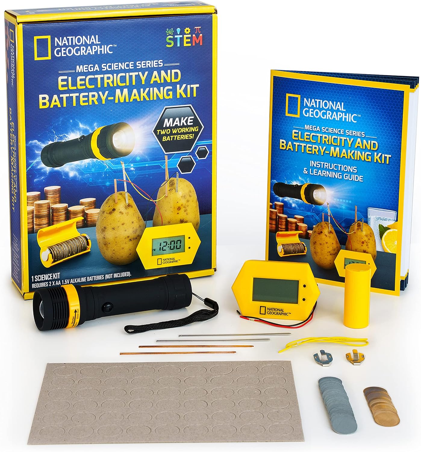 National Geographic Battery Making Kit - Potato Clock and Penny Powered Flashlight Science Kit, 2 Electricity STEM Projects for Kids, Electrical Circuit Toy for Boys and Girls (Amazon Exclusive)