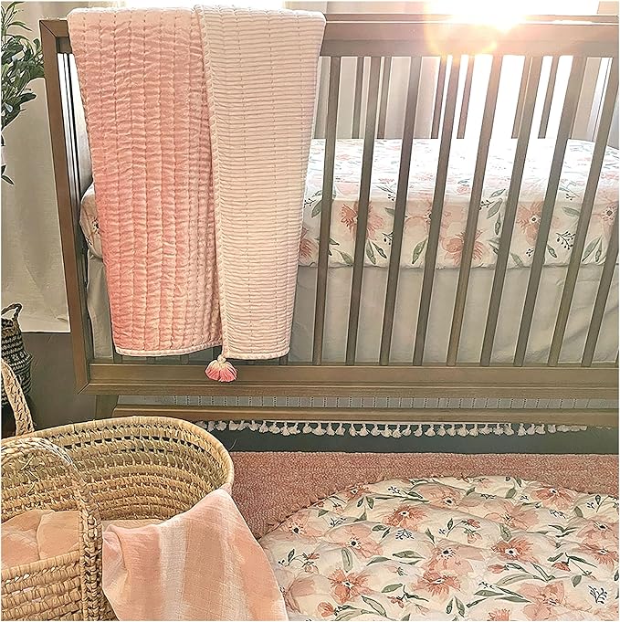 Crane Baby Floral Crib Sheets, 100% Cotton, Breathable Baby Bedding for Standard Mattress, Pink Nursery Decor, Machine Washable Pink Floral Crib, Toddler Sheets