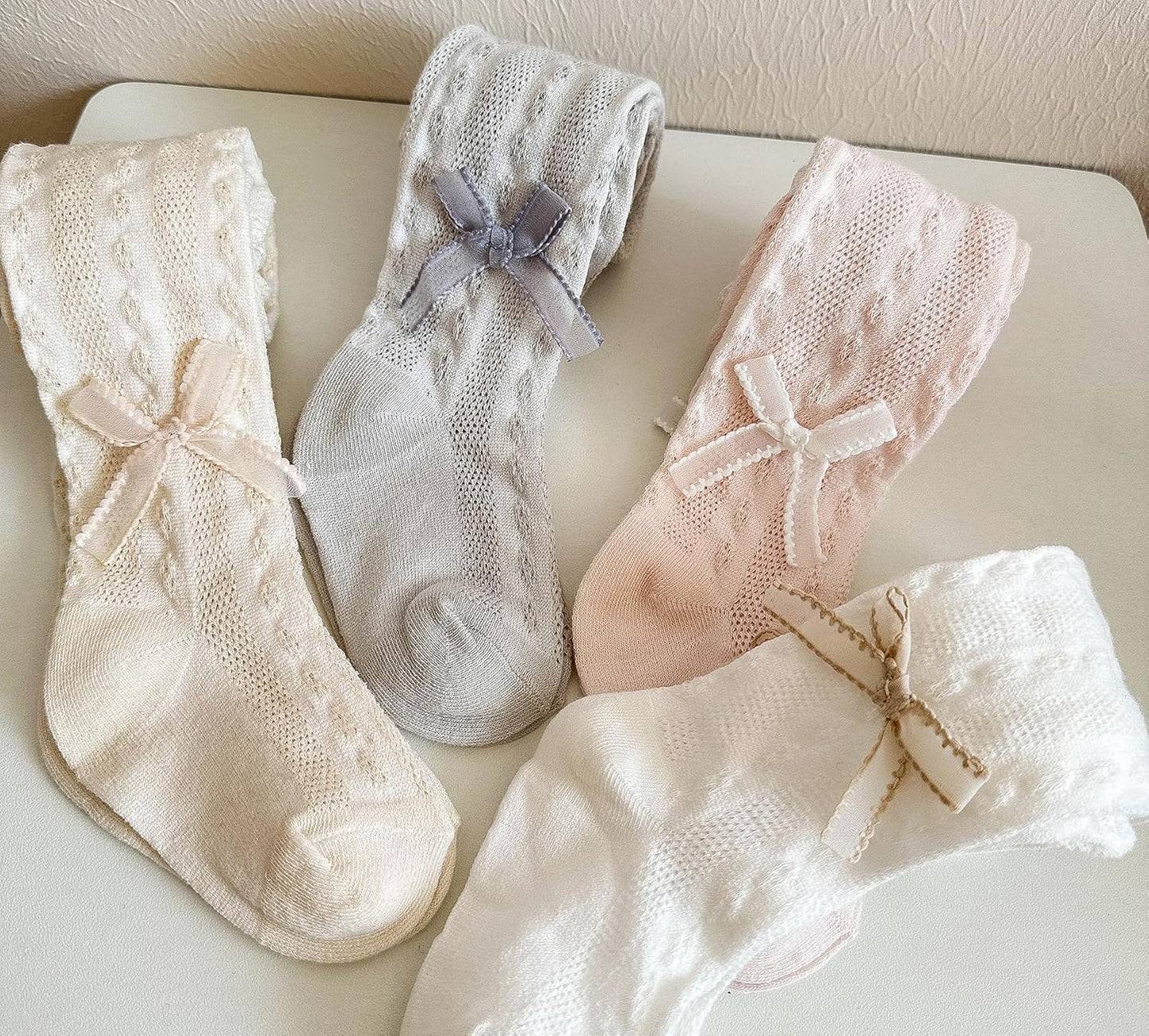 CHUNG Baby Girls Cotton Tights Thin Hollowed Summer with Bowknot Mesh Lace Fashion Toddler Footed Legging Pantyhose