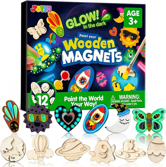 JOYIN 12 Glow in The Dark Wooden Magnets for Kids, Paint Your Own Arts and Crafts Painting Kit, Halloween Crafts Birthday Parties and Family Crafts Gift, Party Favors for Boys Girls Ages 3+