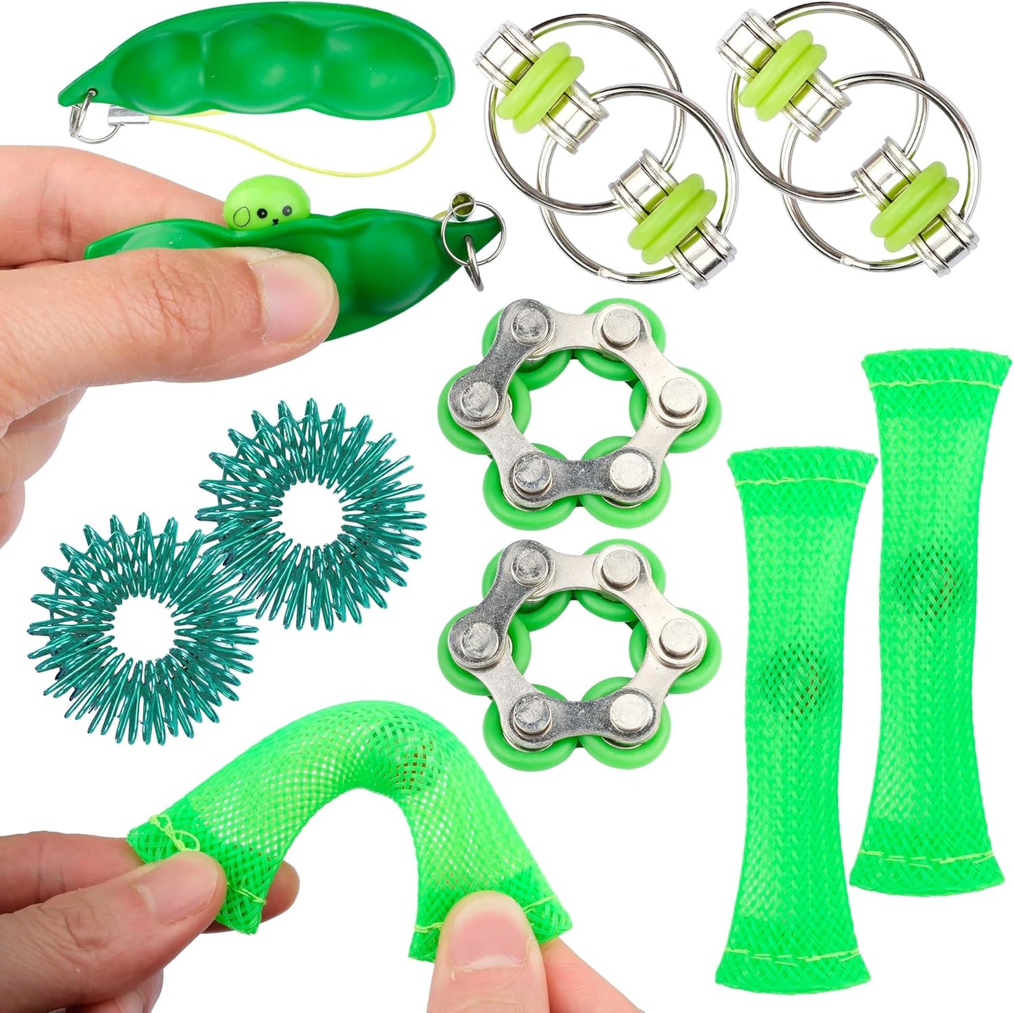 Sensory Fidget Toy 10 Set All Green Roller Bike Chain Fidget Spinner and Marble Fidget Stress Pea Pod Stress Relief Tools, Spiky Sensory Finger Ring for Kids and Adults with Attention Disorder