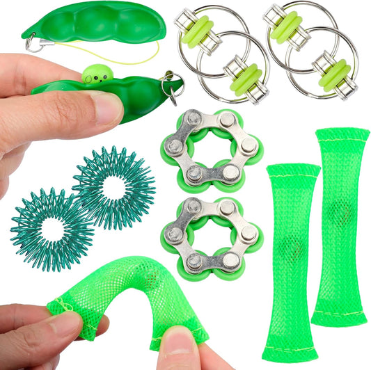 Sensory Fidget Toy 10 Set All Green Roller Bike Chain Fidget Spinner and Marble Fidget Stress Pea Pod Stress Relief Tools, Spiky Sensory Finger Ring for Kids and Adults with Attention Disorder