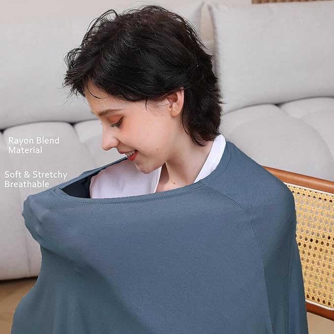 Nursing Cover for Breastfeeding, 360°Full Coverage Nursing Poncho, Rayon Soft & Breathable Breastfeeding Cover up (Smooth Rayon, Blue)