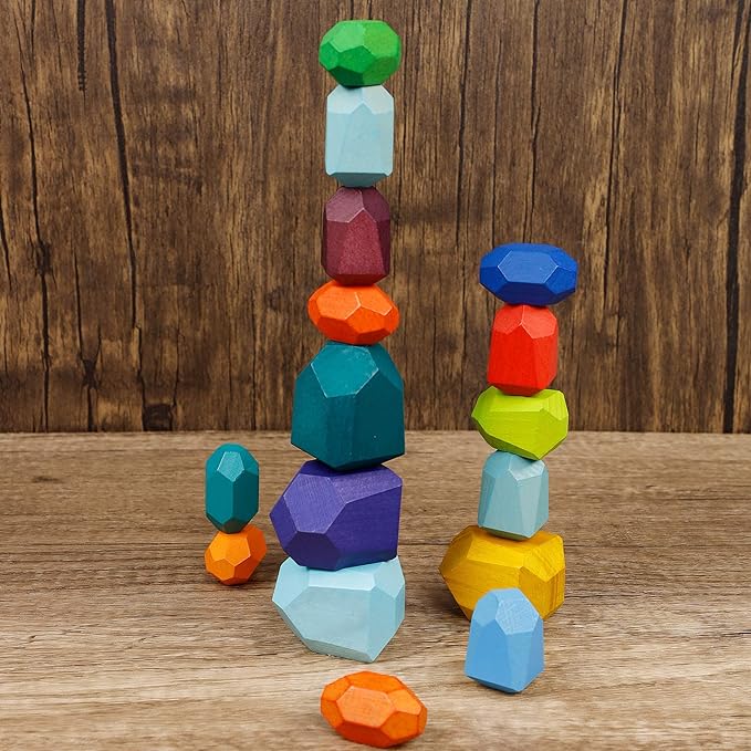 16 Pcs Wooden Stacking Blocks Rocks Building Toys, Colored Solid Wood Stones Pre-School Educational Games Creative Toys for Kids Toddlers