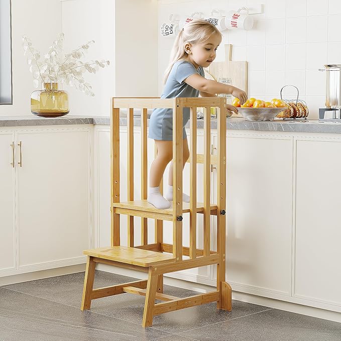 Kids Kitchen Step Stool, Toddler Standing Tower Adjustable Height with Anti-Slip Feet, Toddlers Learning Step Stool Helper for Kitchen Counter or Bathroom Sink, Natural Bamboo