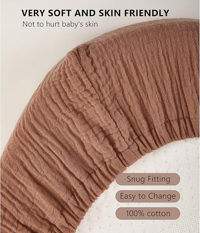 TILLYOU Muslin Bassinet Sheets Girls Boys, 100% Cotton Bassinet Sheets, Fit Oval, Rectangle and Square Mattress, 2 Pack，Caramel&Brown