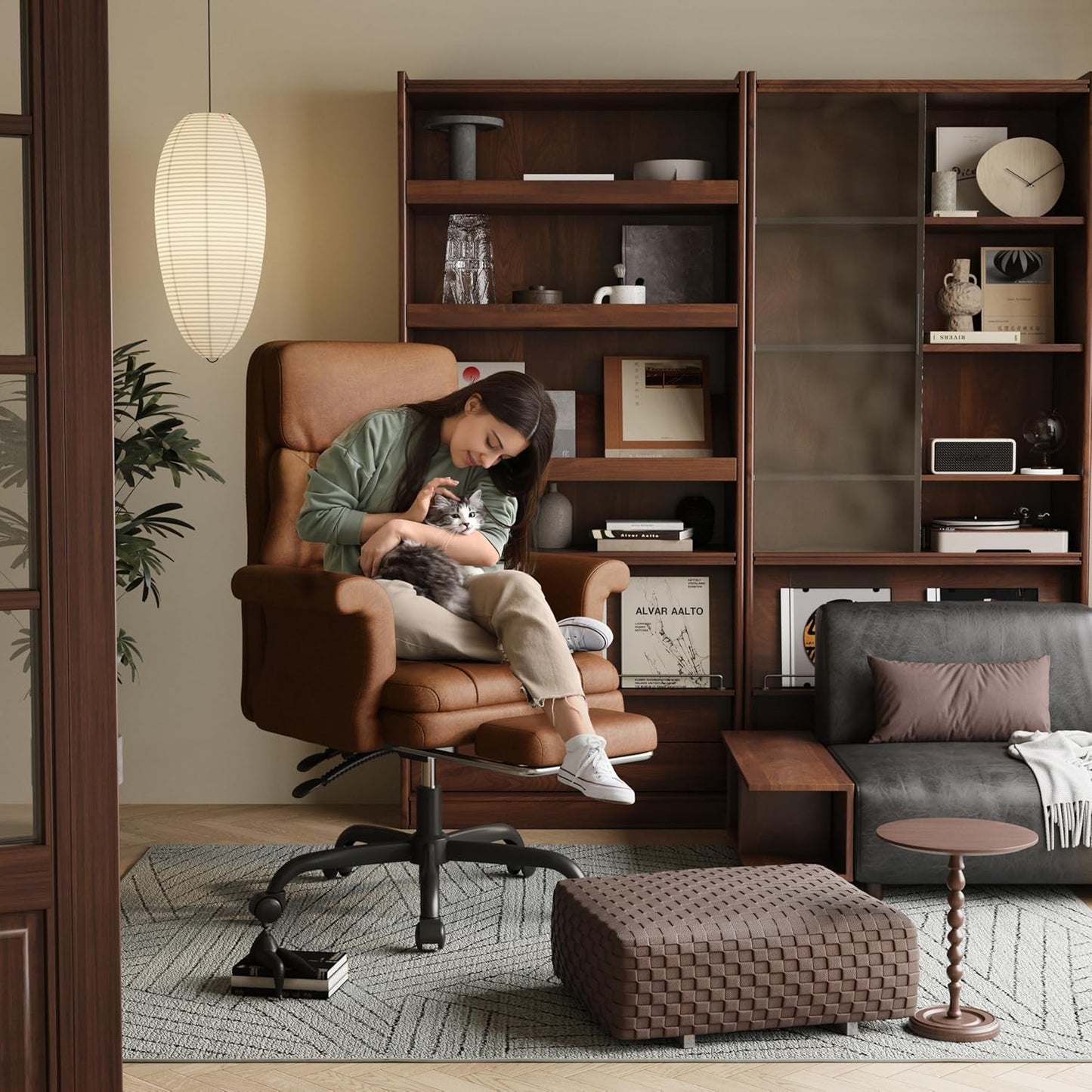 ELABEST C39 Cross Legged Office Chair with Footrest & Convertible Armrests - Pet-Friendly XL Home Desk Chair, Ergonomic Recliner with Lumbar Pillow, Criss Cross Design, Big and Tall Executive Chair