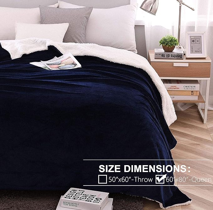 NANPIPER Sherpa Blanket - Super Soft Fuzzy Flannel Fleece/Wool Like Reversible Velvet Plush, Thick Warm for Winter (Twin Size 60"x80", Navy Blue)