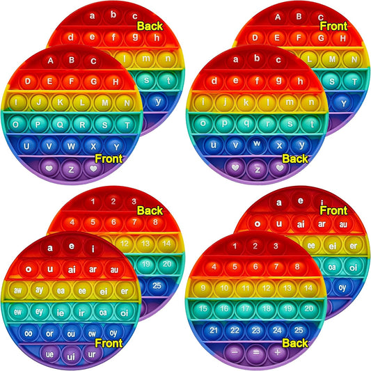 Alphabet Pop Fidget Toy Letters ABC Numbers Learning and Educational Toy Round Sensory Toys Popper Games Gift for Kids ADHD 4 Packs Double Side(2 Phonetics Numbers and 2 Uppercase Lowercase)