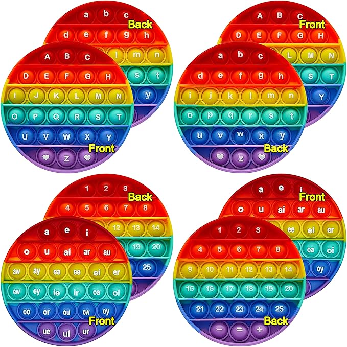 Alphabet Pop Fidget Toy Letters ABC Numbers Learning and Educational Toy Round Sensory Toys Popper Games Gift for Kids ADHD 4 Packs Double Side(2 Phonetics Numbers and 2 Uppercase Lowercase)