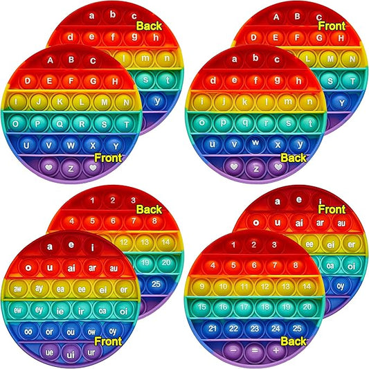 Alphabet Pop Fidget Toy Letters ABC Numbers Learning and Educational Toy Round Sensory Toys Popper Games Gift for Kids ADHD 4 Packs Double Side(2 Phonetics Numbers and 2 Uppercase Lowercase)