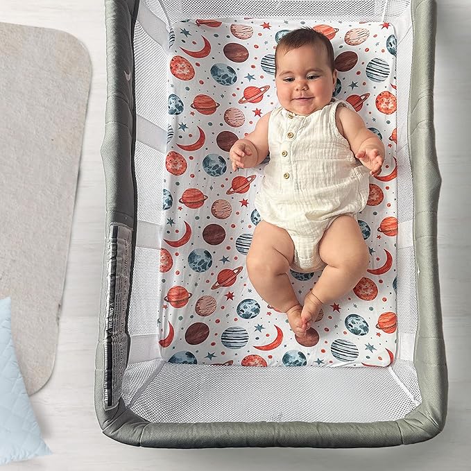 Quiggly Bassinet Sheets for Guava Lotus, 2 Pack Organic Cotton Jersey Knit, Vibrant Space Star & Planet Patterns - Fits Travel Crib Mattresses for Boys & Girls (Bassinet, Starry Slumber)