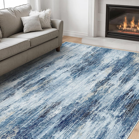 Amada 6x9 Washable Area Rug, Modern Abstract Living Room Rug with Non-Slip Backing & Short Pile, Large Rug with Abstract Pattern for Living Room, Bedroom and Dinning Room, Blue