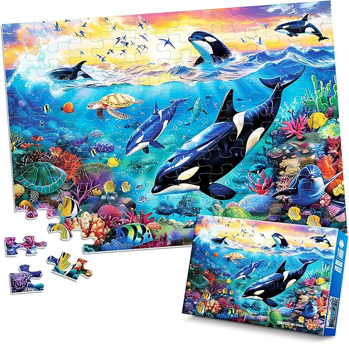 100 Piece Puzzles for Kids Ages 6-8 8-10 - Killer Whales Orca - 100 Piece Jigsaw Puzzle for Senior Ocean Jigsaw Puzzle for Toddler Children Learning Educational Puzzles Toys for Boys and Girls