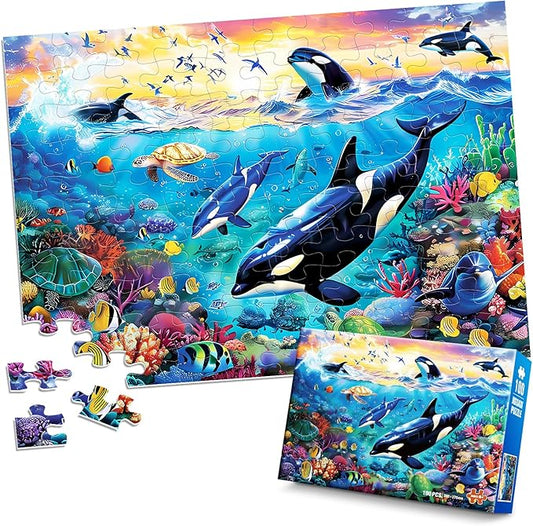 100 Piece Puzzles for Kids Ages 6-8 8-10 - Killer Whales Orca - 100 Piece Jigsaw Puzzle for Senior Ocean Jigsaw Puzzle for Toddler Children Learning Educational Puzzles Toys for Boys and Girls