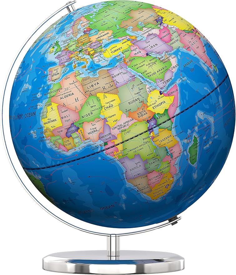 13" World Globe with Stand, Illuminated Educational Globes with HD Printed Map for Kids Classroom Learning, LED Globe Lamp with Stable Heavy Metal Base