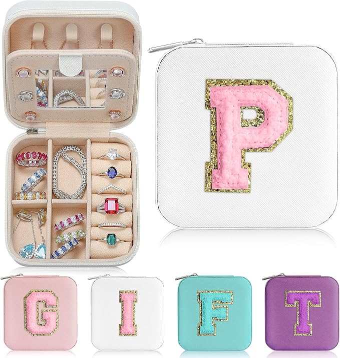 Parima Jewelry Organizer Box, Small Jewelry Box for Women Girls Initial P Travel Jewelry Case Small Jewelry Organizer Box Travel Jewelry Case Jewelry Box Organizer - Letter P, White