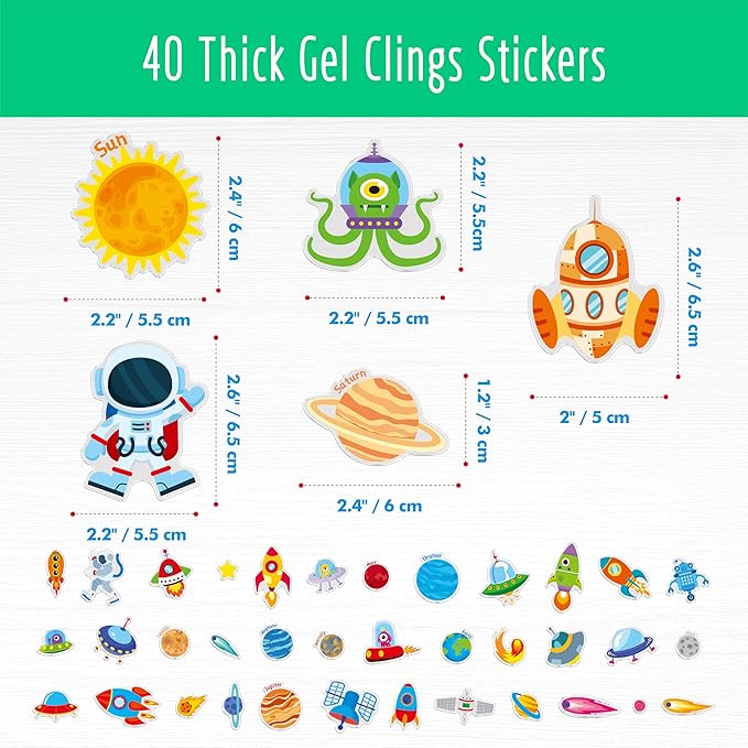 40PCS Space Jelly Stickers, Universe Thick Window Door Clings Removable Reusable Planet Gel Clings Decals for Kids Toddlers Adults Home Classroom Nursery Decorations Party Supplies (Not Edible)