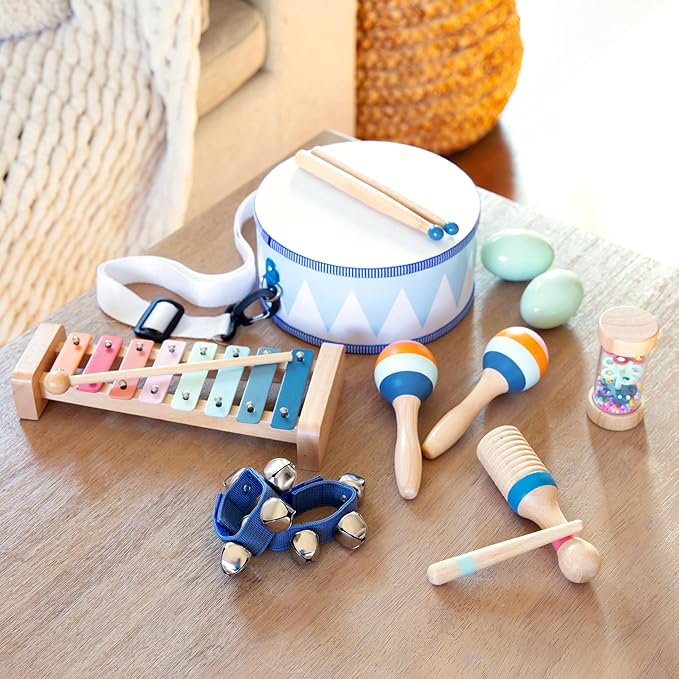Baby Wooden Musical Instruments Set -7 PCS Montessori Percussion Toys for Toddlers & Kids - Safe Natural Wood Waldorf Toys for Hand-Eye Coordination, Sensory Play & Screen-Free Family Fun