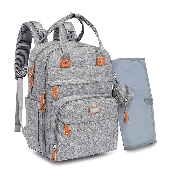 BabbleRoo Diaper Bag Backpack - Baby Essentials Travel Tote - Multi Function Water Resistant Diaper Bag, Travel Essentials Baby Bag with Changing Pad, Stroller Straps & Pacifier Case - Light Gray