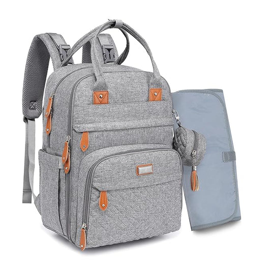 BabbleRoo Diaper Bag Backpack - Baby Essentials Travel Tote - Multi Function Waterproof Diaper Bag, Travel Essentials Baby Bag with Changing Pad, Stroller Straps & Pacifier Case - Unisex, Light Gray