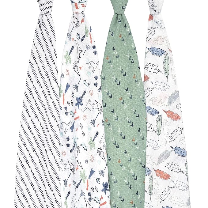 aden + anais Essentials Swaddle Blanket, Muslin Blankets for Girls & Boys, Baby Receiving Swaddles, Newborn Gifts, Infant Shower Items, Wearable Swaddling Set, 4 Pk, Dinotime